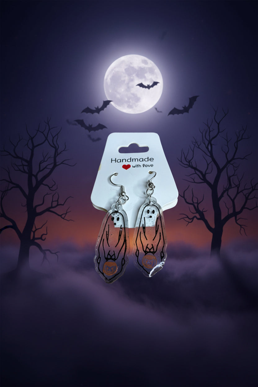 Spooky Ghost & Pumpkin Resin Dangle Earrings – Handmade