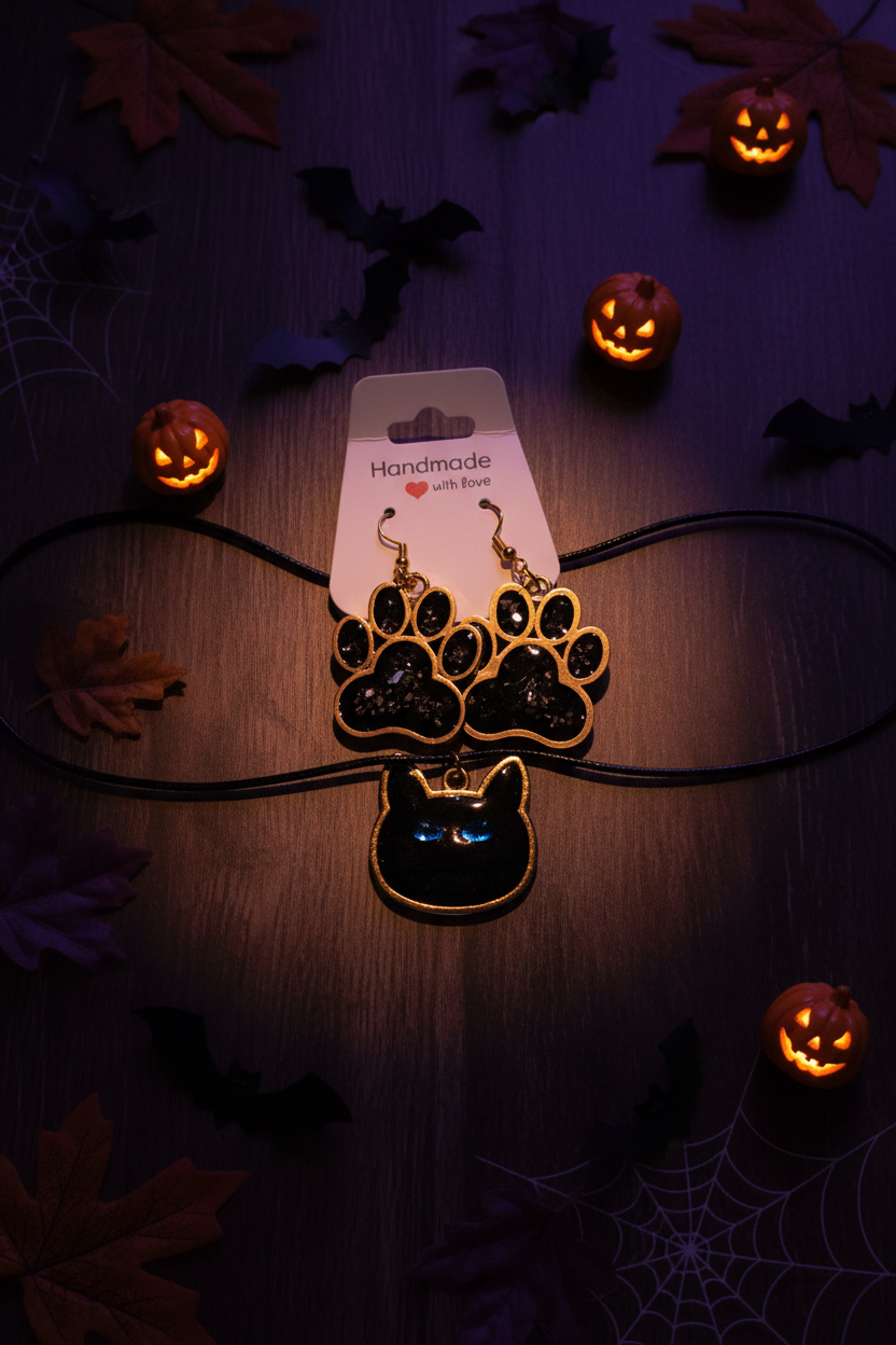 Black Cat Glow-in-the-Dark Resin Jewelry Set