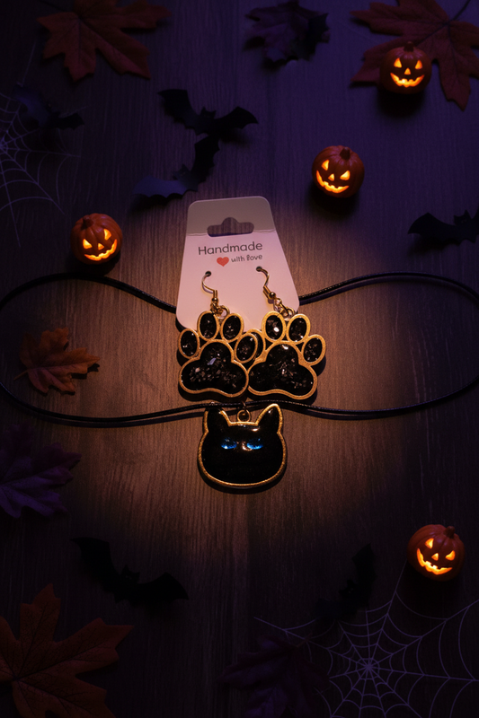 Black Cat Glow-in-the-Dark Resin Jewelry Set