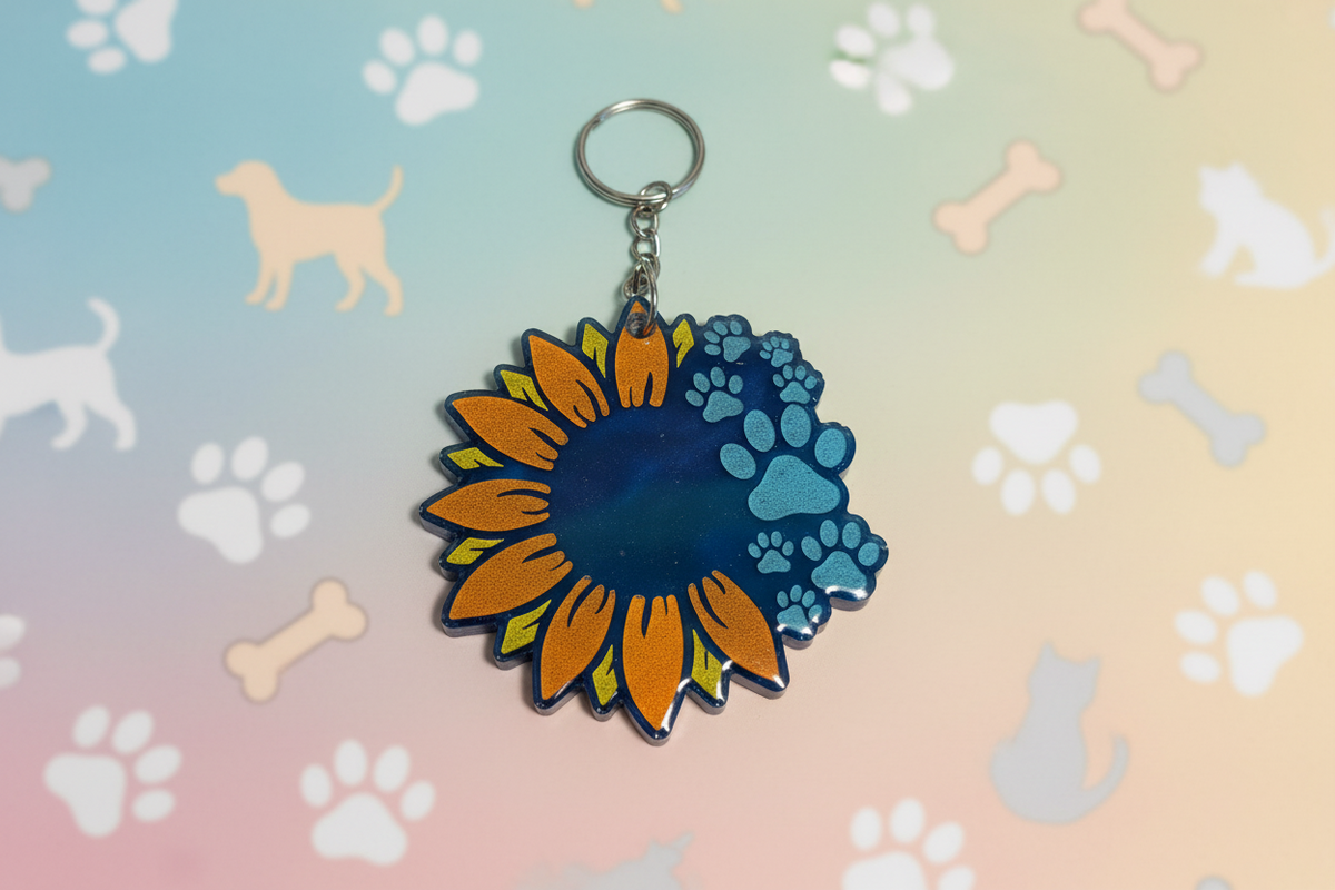 Sunflower & Paw Print Resin Keychain – Pet Lover Keychain